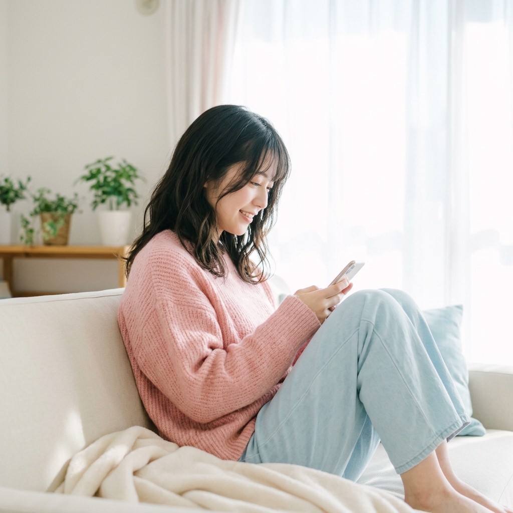 在宅でスマホひとつではじめるライブ配信・ライブチャットのイメージ｜自宅でくつろぐ女性